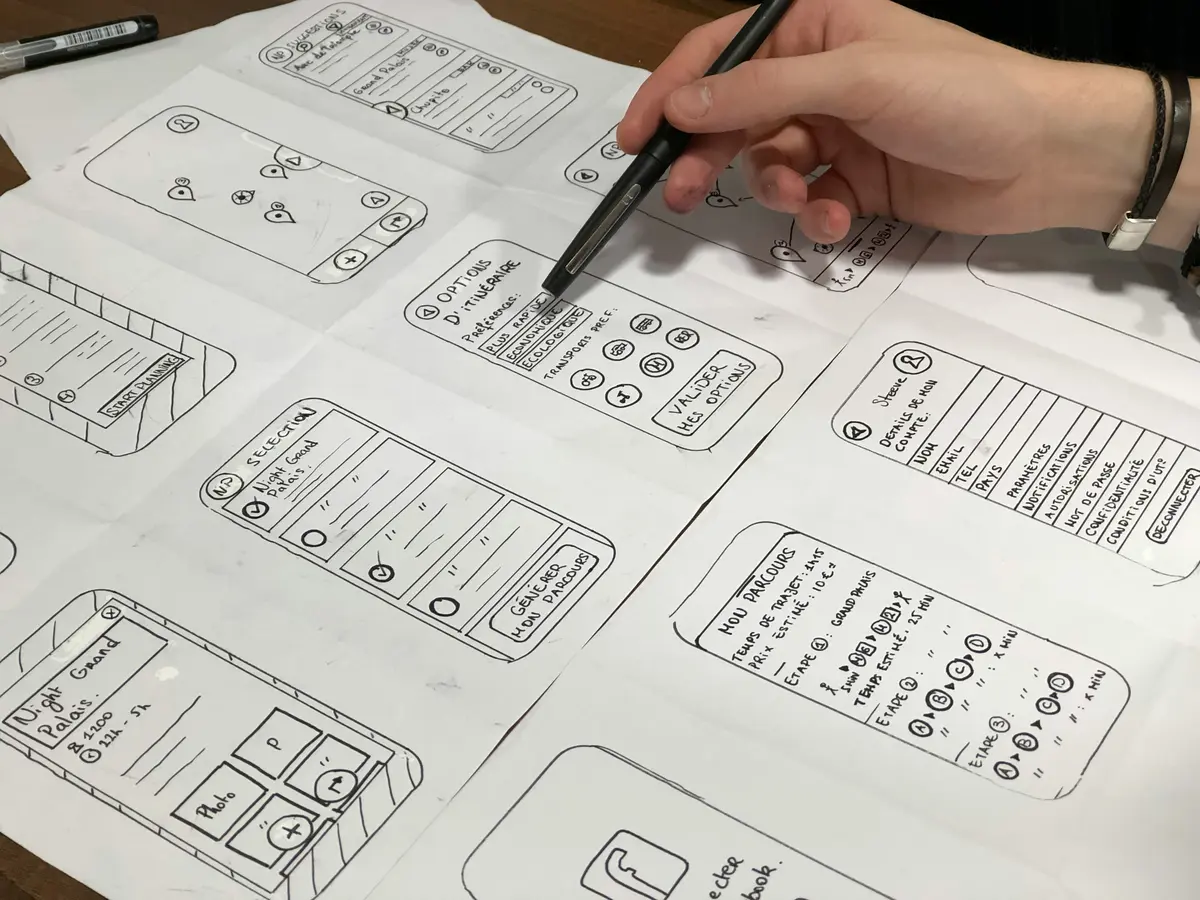 Handgezeichnete Wireframes und App-Skizzen auf Papier